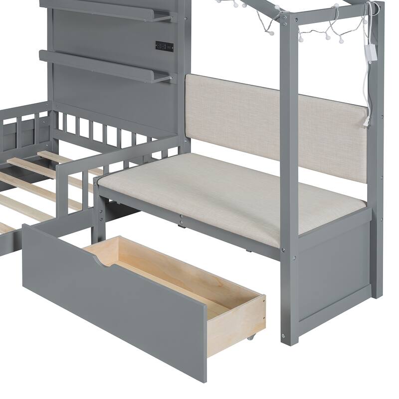 Twin Size House Bed with Upholstered Sofa, Charging Station, Wireless Charging, Shelves, and Drawers, Gray