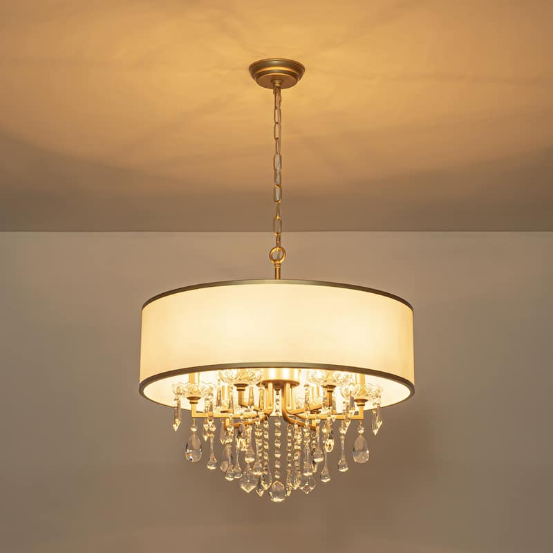 6-Light Modern Elegant Gold Drum Fabric Shade Adjustable Height with Crystal Accent Chandelier for Dining Room & Bedroom
