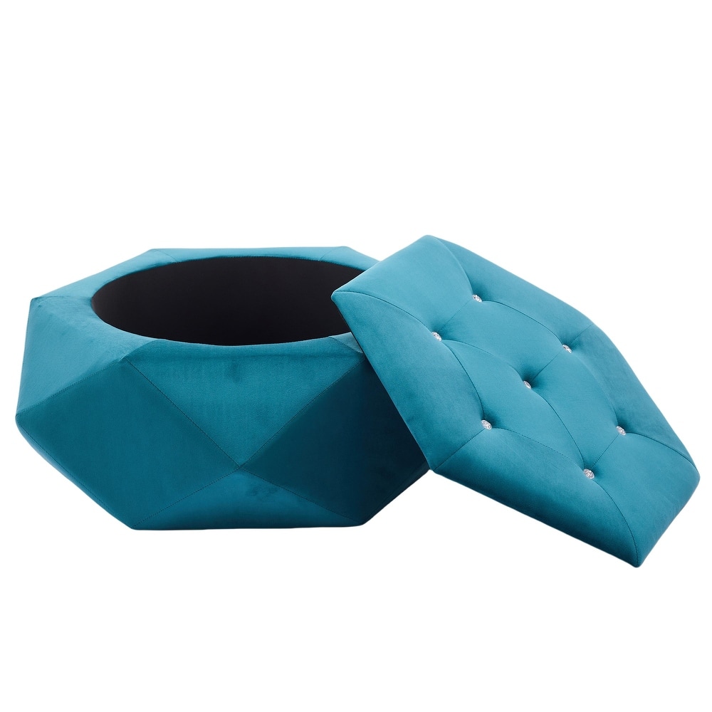 Velvet Polygon Ottoman with Diamond Lid, Multi-Functional Tufted Stroage Ottoman for Bedroom Entryway Foot Rest Stool