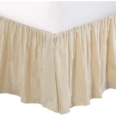 Cozy Line Golden Farmhouse Ticking Cotton Bed Skirt Cream Striped Ruffled Dust Ruffle, Tailored 16" Drop