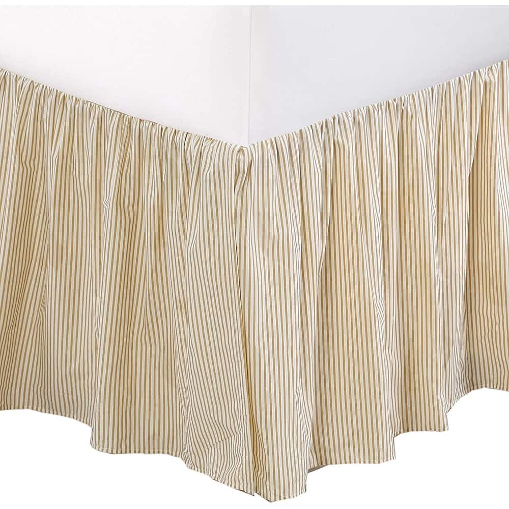Cozy Line Golden Farmhouse Ticking Cotton Bed Skirt Cream Striped Ruffled Dust Ruffle, Tailored 16" Drop