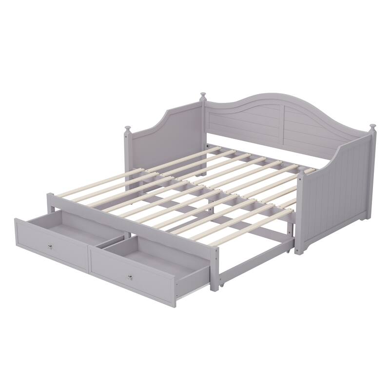 Wooden Daybed with 2 Storage Drawers, Twin Size Storage Platform Bed - Twin Size Extendable Day-bed Pop-up Trundle Bed, Sofa Bed