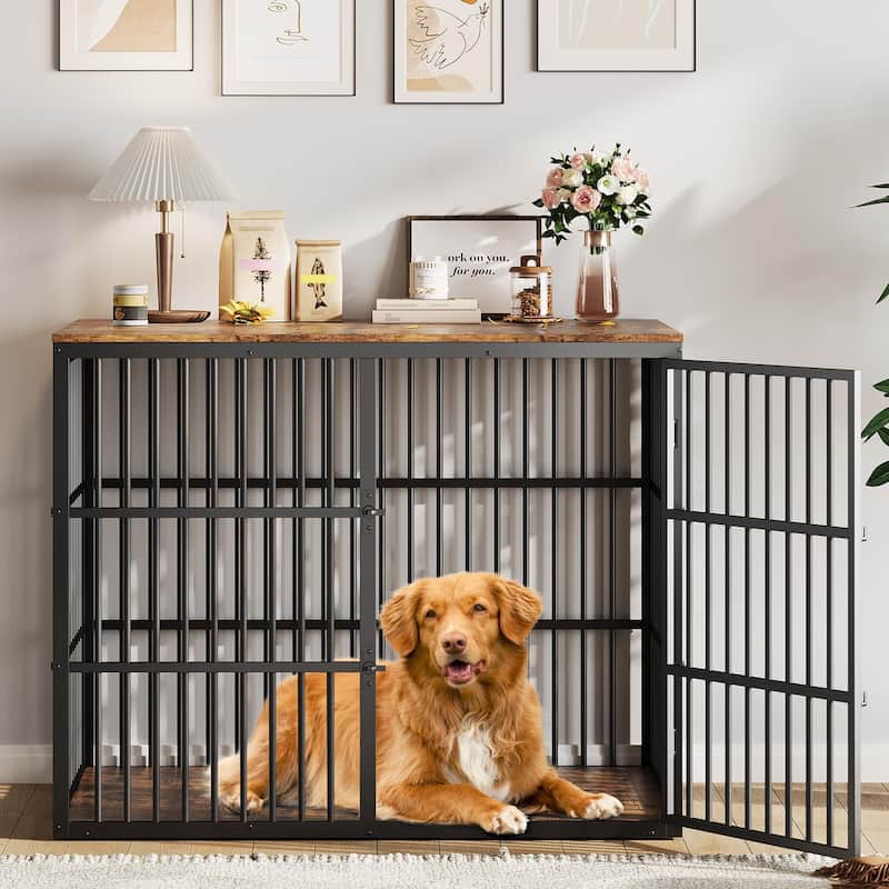 Dog Crate Furniture, Large Dog Crate End Table with 3 Lockable Doors - N/A - Brown and Black
