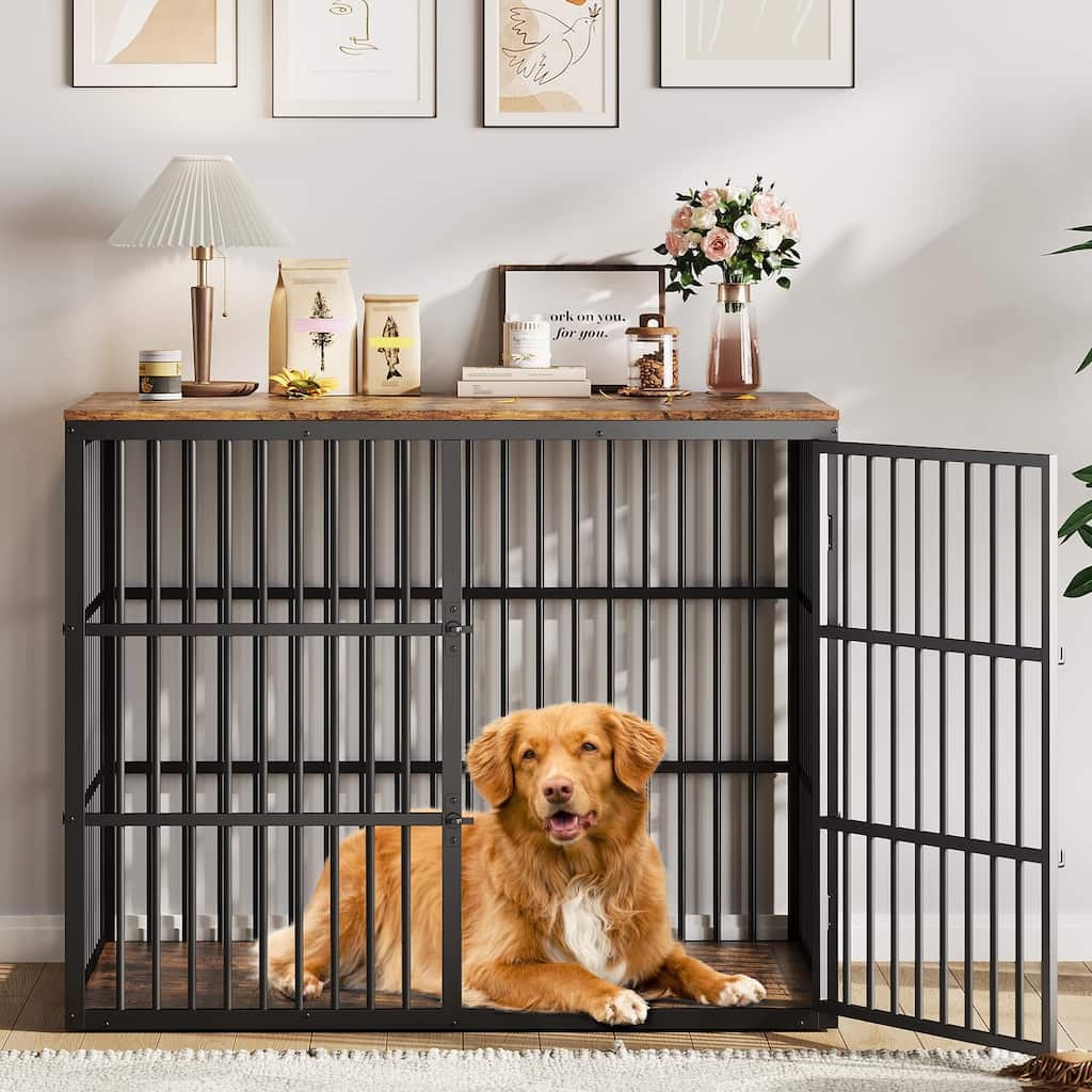 Dog Crate Furniture, Large Dog Crate End Table with 3 Lockable Doors - N/A