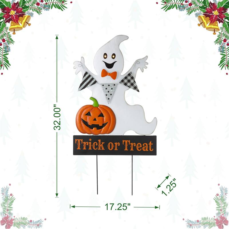 Glitzhome 32"H Lighted Halloween Metal Ghost Yard Stake Hanging Decor with Timer
