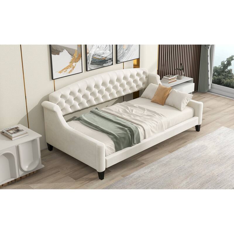 Tufted Button Twin Daybed in Beige - Modern Upholstered Sofa Bed with Wooden Slats