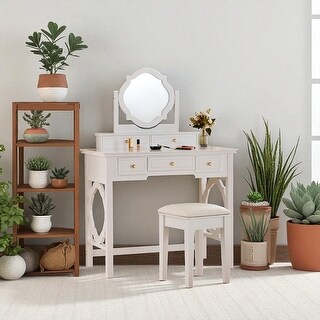 Compact Makeup Vanity Table with Reversible Mirror and Stool,5 Drawer ...