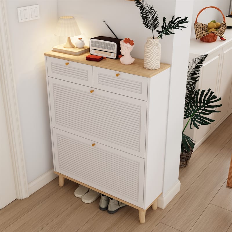 Freestanding Wood Shoe Cabinet with 2 Flip-up Doors and 2 Drawers