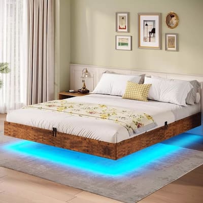 Floating Queen Bed Frame with RGB LED Lights Modern Metal Platform