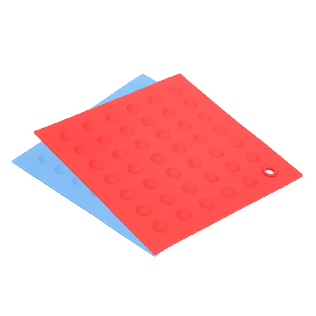Silicone Trivet Mats 2pcs, Square Dots Dish Drying Mat - Light Blue, Red - Light Blue, Red