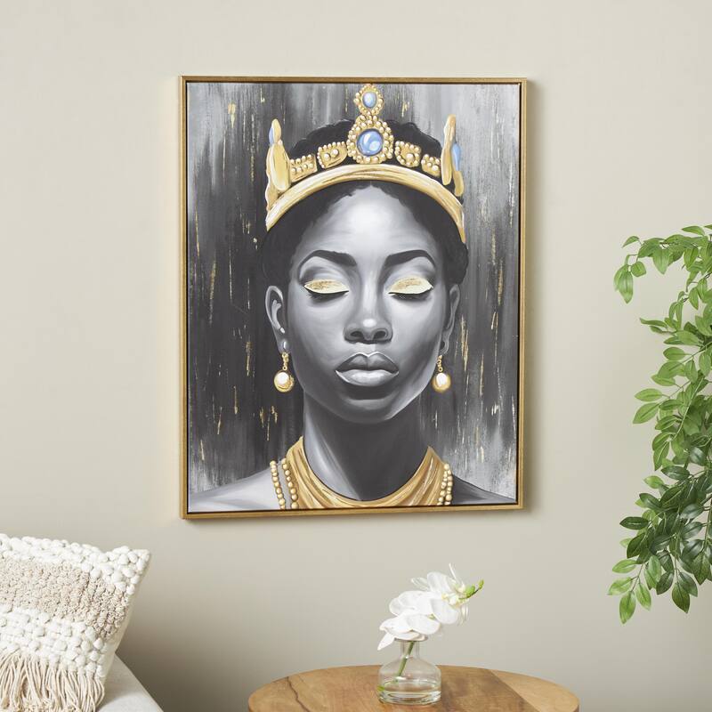 Canvas Woman Shaded Living Room Framed Wall Art with Blue Crown and Gold Foil Accents - Black - Roche River Decor