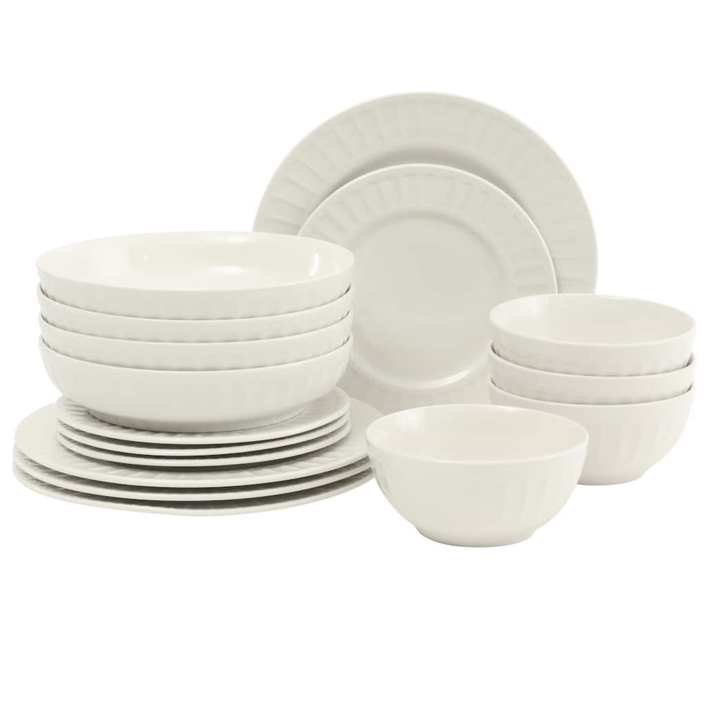 Gibson Home Melbourne White Plates and Bowls Set, 16 Piece Embossed Ceramic Dinnerware Set - Service for 4 Dishes