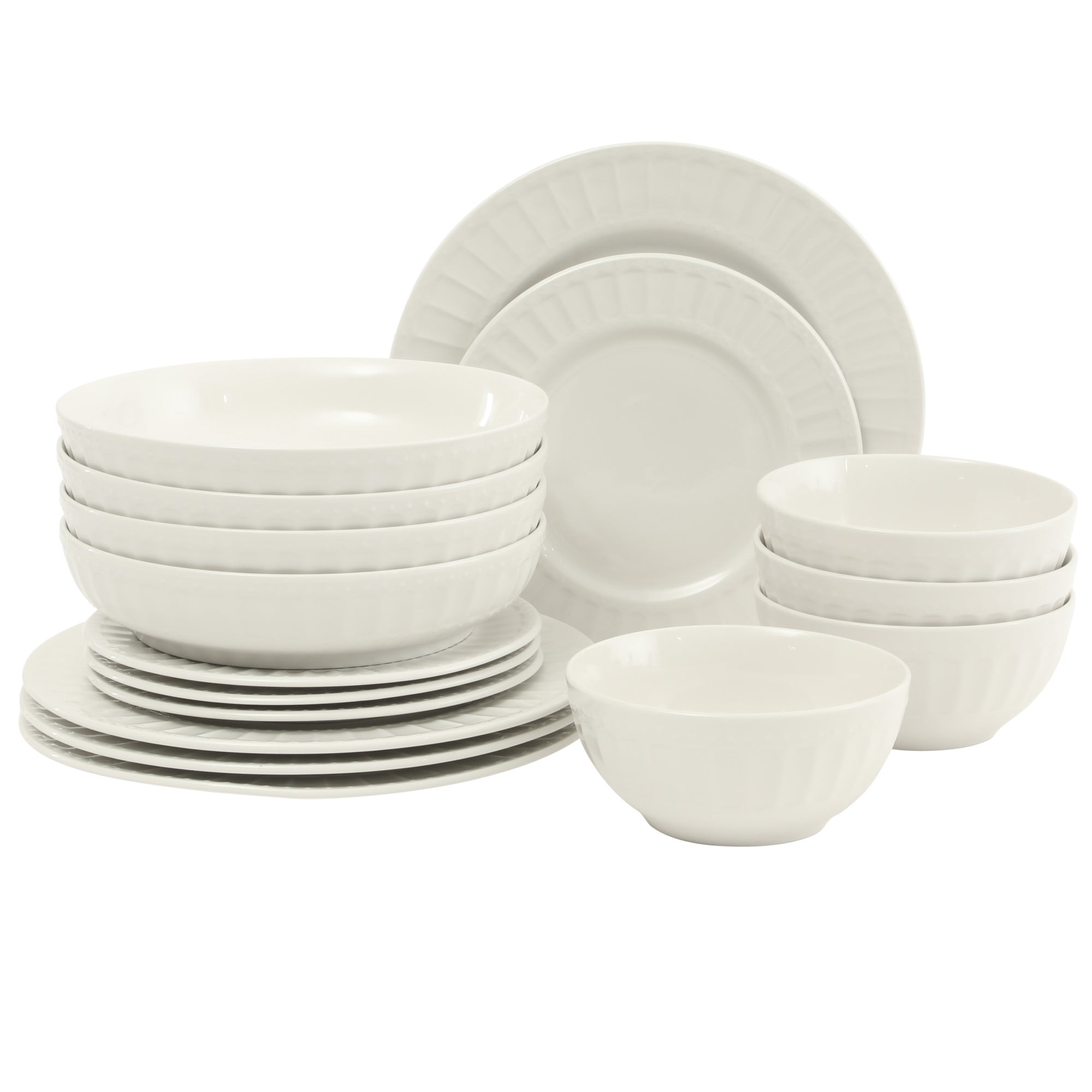 Gibson Home Melbourne White Plates and Bowls Set, 16 Piece Embossed Ceramic Dinnerware Set - Service for 4 Dishes