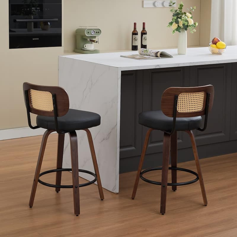 Set of 2 Counter Height Bar Stools - Rattan Counter Height Stools with Cane Back, Upholstered Seat, Swivel Counter Stools
