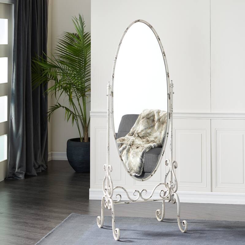 White Metal Oval Scroll Room Floor Mirror with Stand