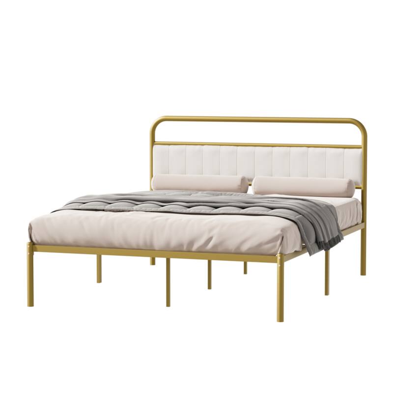 Queen Size Metal Platform Bed Frame with Upholstered Headboard Cushion, Gold Frame