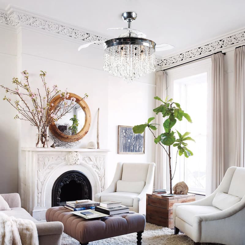 42" Modern Chrome Retractable Blades Ceiling Fan with Light and Remote Control - 42.0 In. W X 21.9 In. H X 42.0 In. D