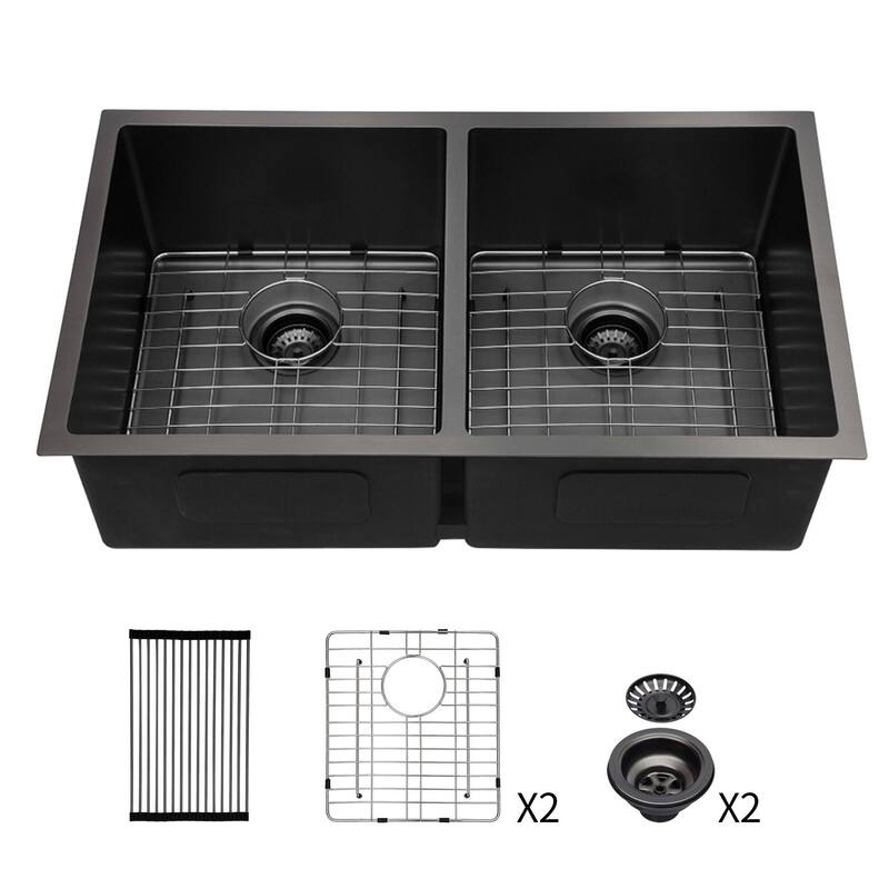 33 inch Gunmetal Black Double Bowl(50/50) Undermount Sink - 33x19x10 inch - 33x19x10 inch