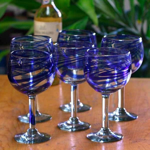 Hand Blown Stemless Wine Glasses | Beautiful Blue Swirl Design