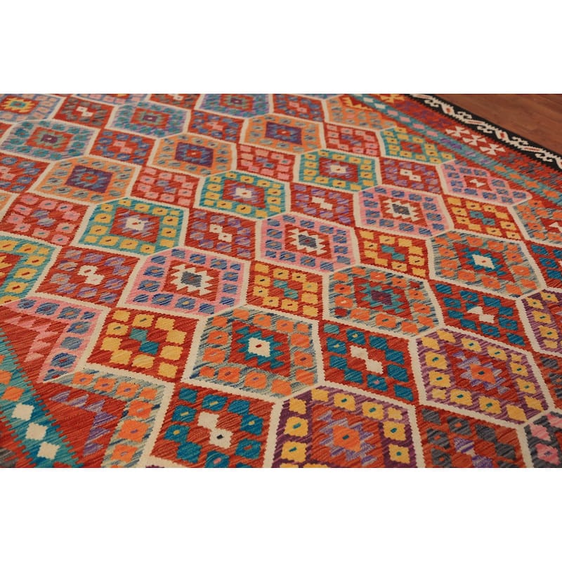 Geometric Kilim Oriental Area Rug Hand-Woven Bedroom Wool Carpet - 8'6"x 11'1"