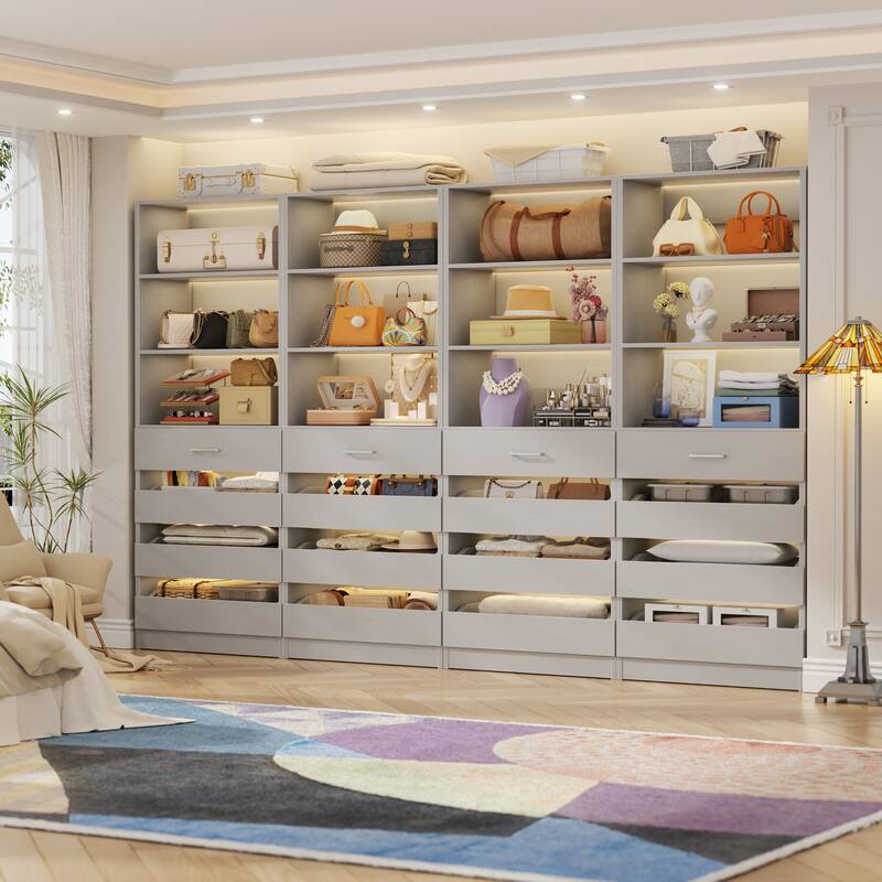 21.3'' W Closet System with 4 Wooden Drawers, 1.78FT Walk-in Closet Organizer Wardrobe with Adjustable Open Shelves - Grey - Set of 4 (85.2'' W)