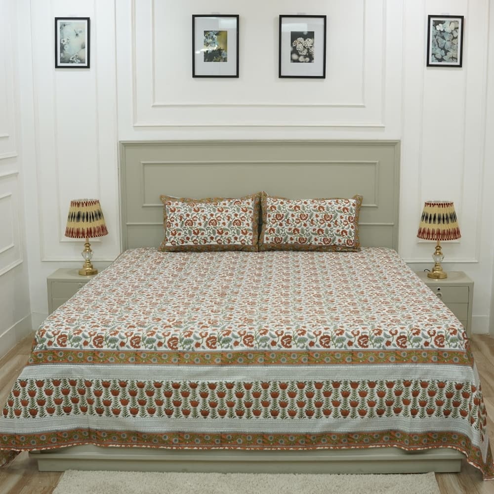 Fabdivine Cotton Hand Block Floral Flat Sheet Bed Room Home Décor Accent Gift