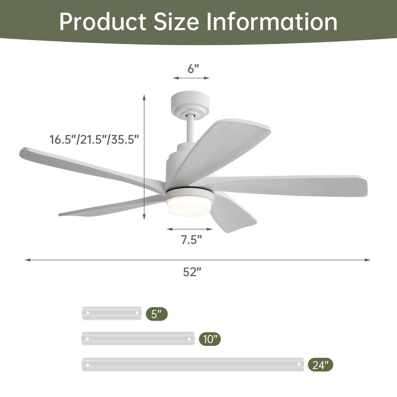 Sofucor 52" Solid Wood Noiseless Ceiling Fans with Dimmable LED Light Optional and Remote, 6-Speed Reversible, Smart Optional