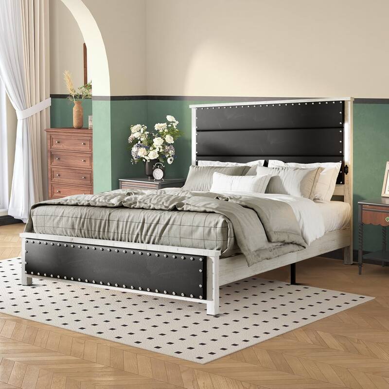 Modern luxury style upholstered bed frame with LED lighted headboard, charging port and nailhead trim for bedroom - Queen