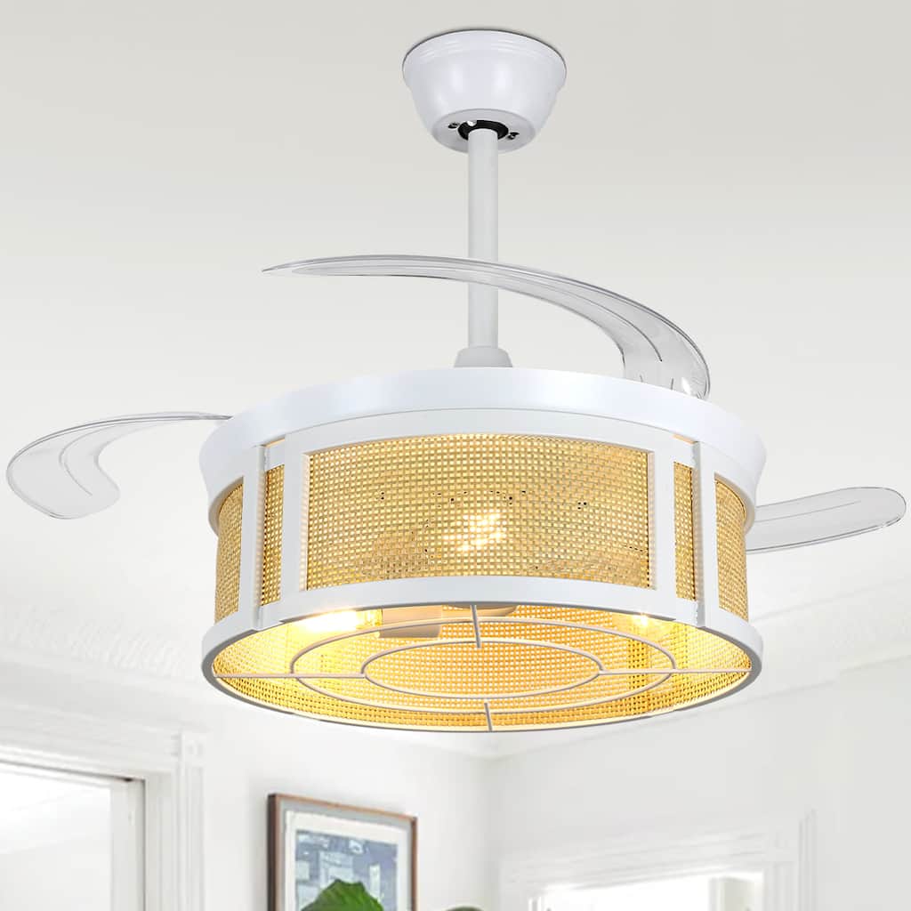 Cusp Barn 42'' Retractable Ceiling Fan with Lights and Remote, Boho Rattan Fandelier, Farmhouse Caged Chandelier Ceiling Fan