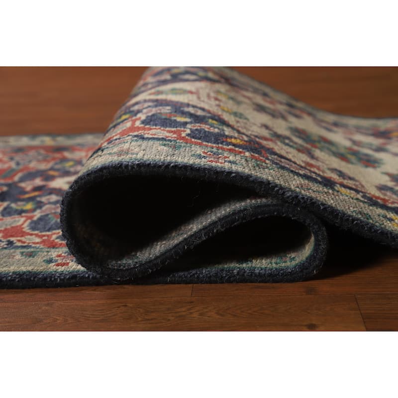 Hand Knotted Oriental 100% Wool Carpet Traditional Floral Navy Blue & Blues Heriz (serapi) Runner Rug - 8' 1'' X 2' 7''