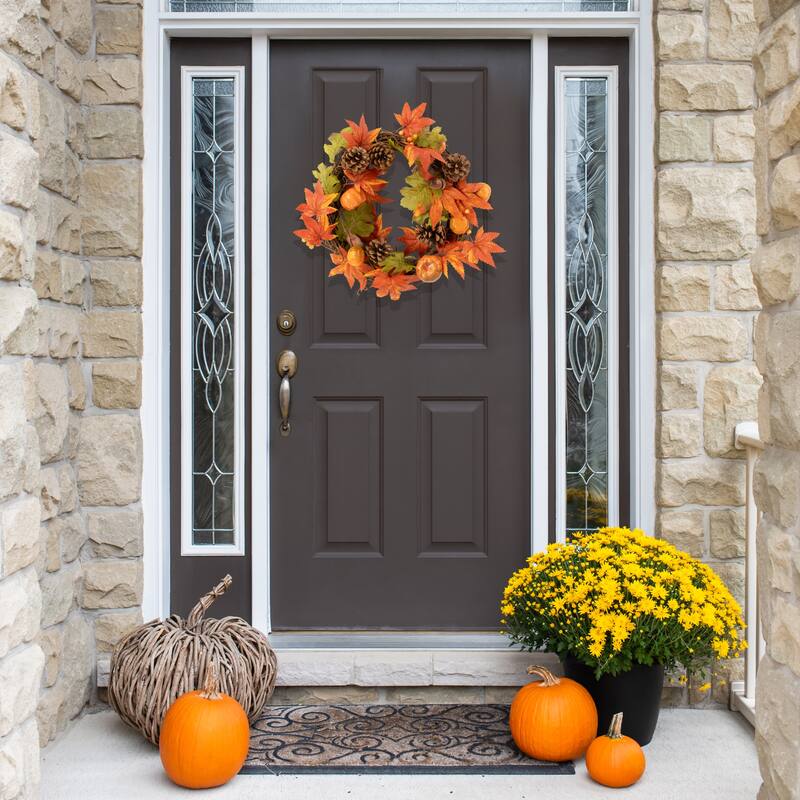 Maple Leaves with Pine Cones and Pumpkins Fall Harvest Artificial Wreath - 12"