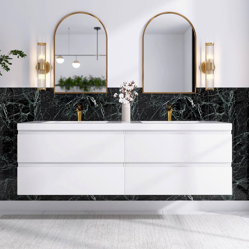 Floating Bathroom Vanity with Integrated Resin Top - 70.87'' x 19.69'' x 22.44'' - Glossy White