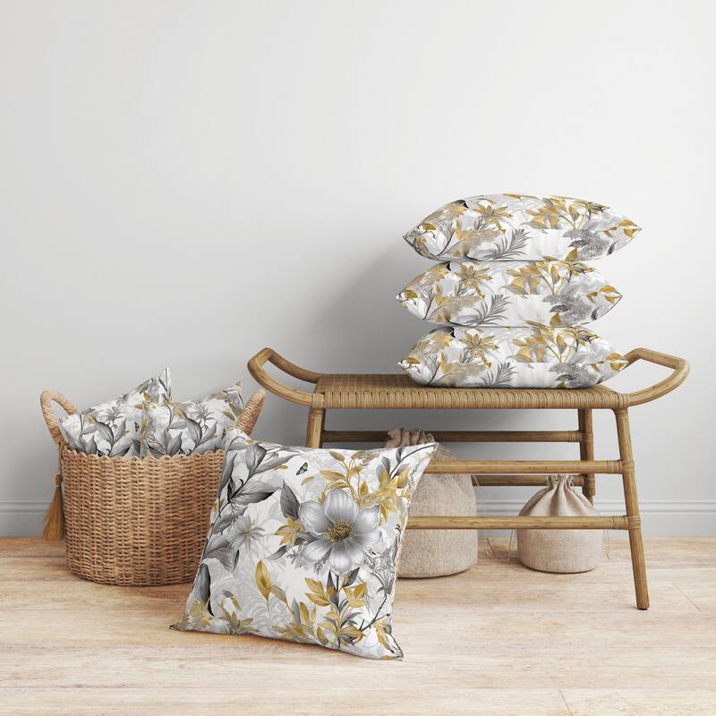 Exquisite Floral Breeze Faux Suede Reversible Throw Pillow Grey and Gold