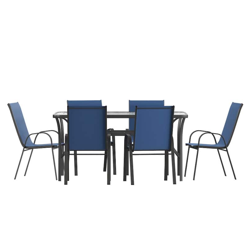 7 Piece Patio Dining Table and Chairs Set with Glass Table and 6 Chairs