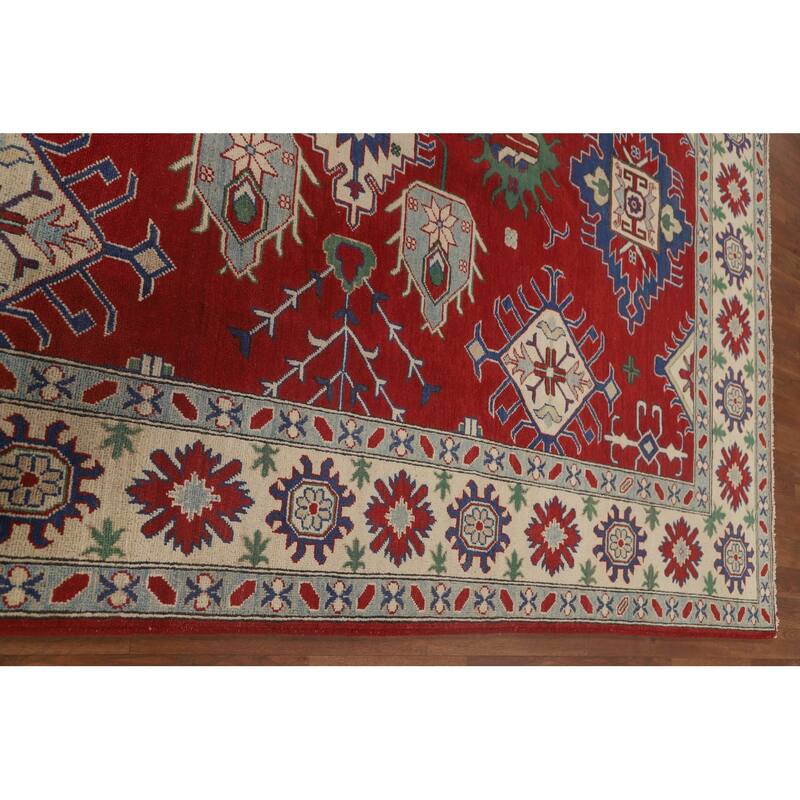 Red Geometric Kazak Area Rug Hand-Knotted Wool Carpet - 6'9" x 9'8"