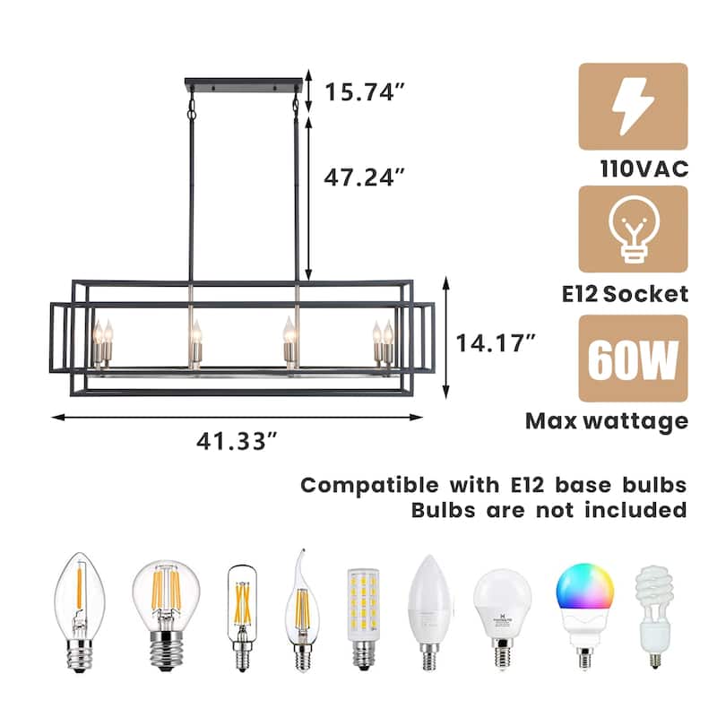 Modern Farmhouse 8-light 42In Rectangle Linear Chandelier for Dining Room
