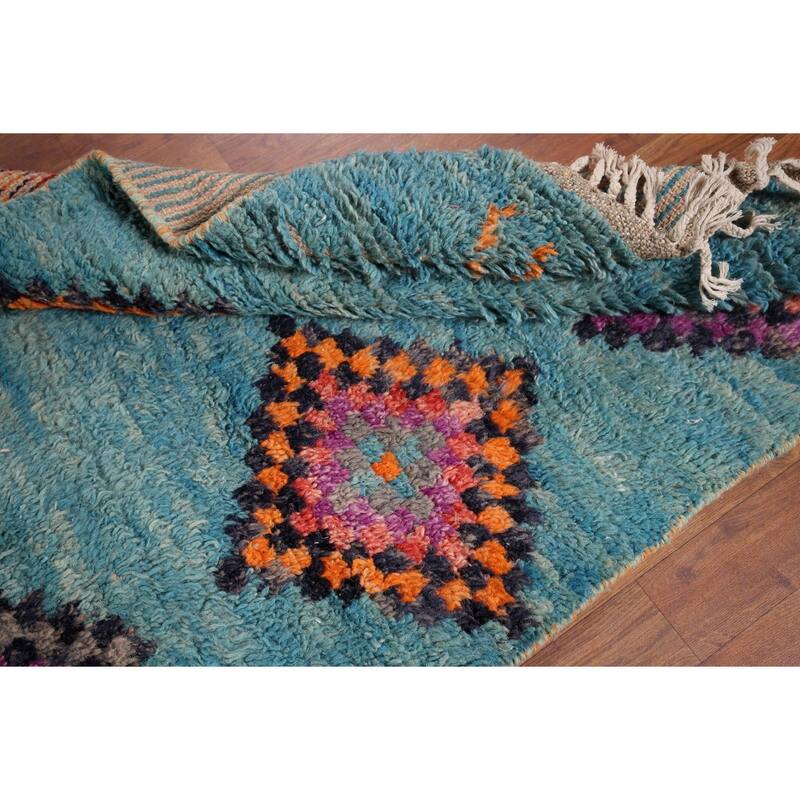 Plush Geometric Blue Moroccan Accent Rug Hand-Knotted Wool Carpet - 3'1" x 5'7"