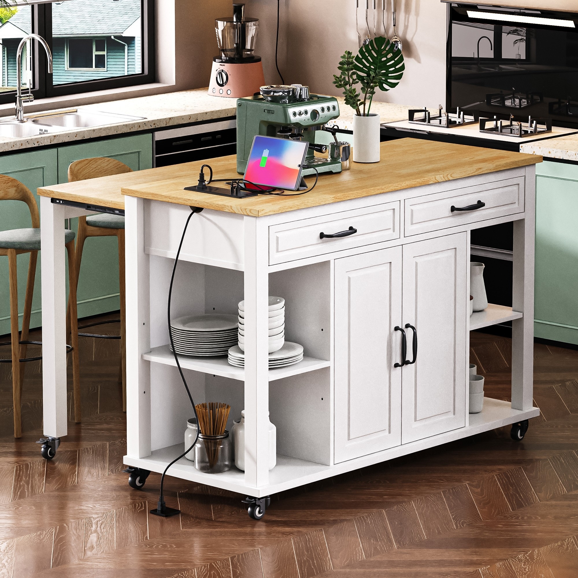 47" Kitchen Island with Extendable Table, Rubber Wood Veneer, Storage & Power