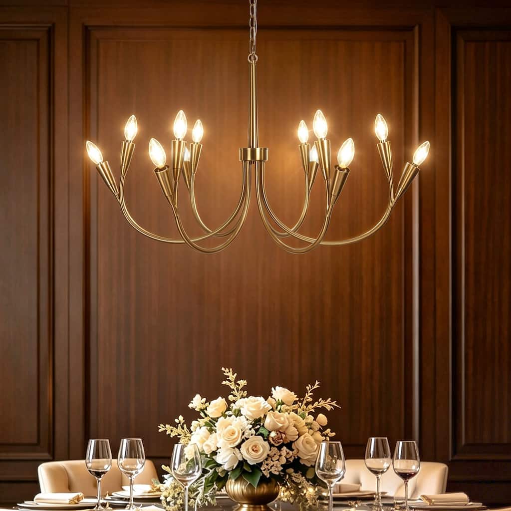 LALUZ Modern Gold 12-Light Classic Candle Chandelier for Dining Living Room - D 36.2" x H 21.2"