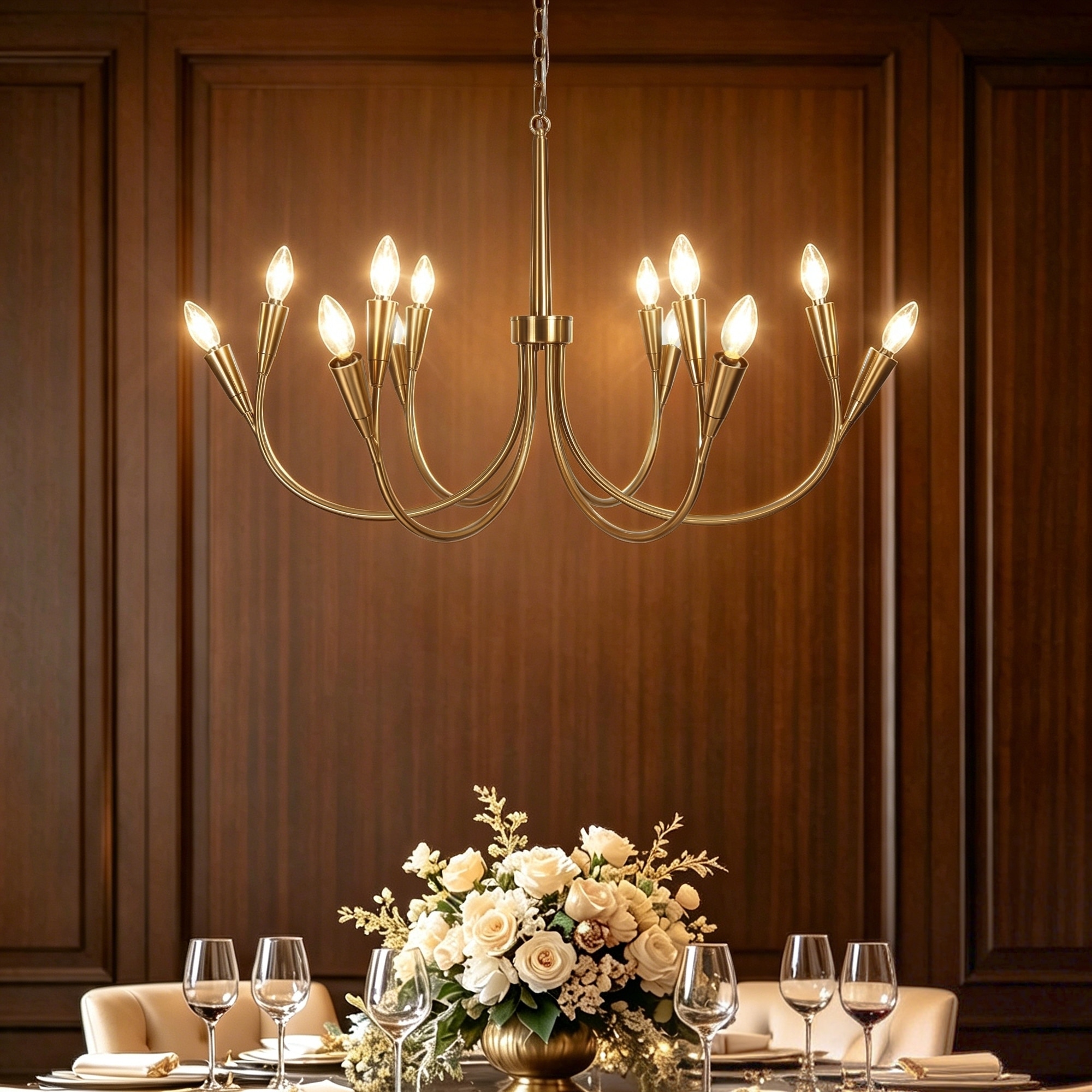 LALUZ Modern Gold 12-Light Classic Candle Chandelier for Dining Living Room - D 36.2" x H 21.2"