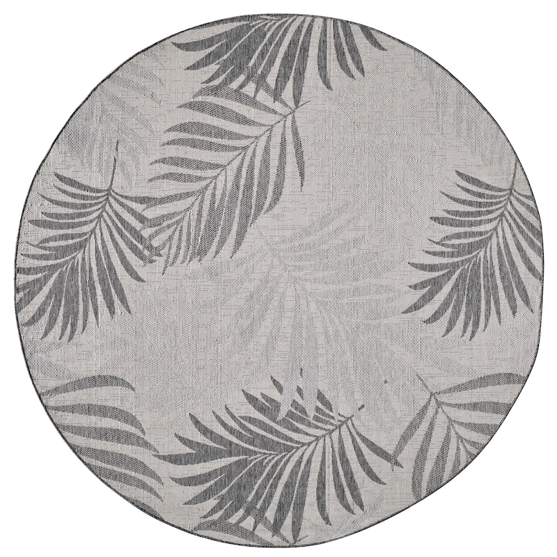 Domani Speak Tropical Palm Indoor / Outdoor Area Rug - 7'10" Round - Grey