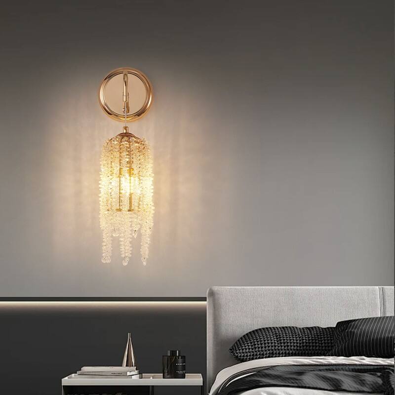 Set of 2 Gold Wall Sconces with Crystal Bead Strings Elegant Hanging Light Fixtures, E12 Socket (Bulbs Not Included)