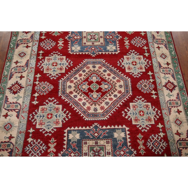 Geometric Red Kazak Oriental Area Rug Hand-Knotted Wool Carpet - 5'1" x 6'8"