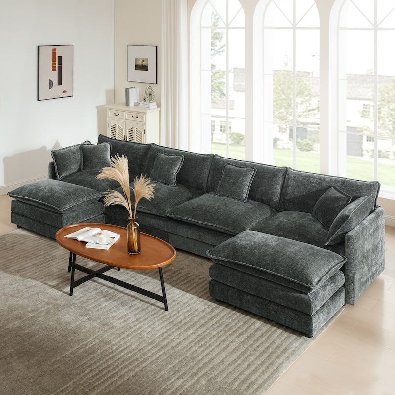 Cloud Chenille Upholstered Modular Sectional Sofa with DIY Combination Design - Gray 4-Seater Sofa+Ottomans*2