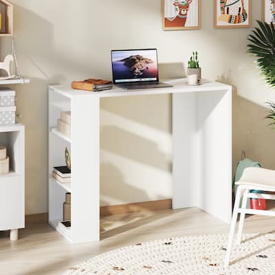 36 Inch White Computer Desk with Storage Shelves for Home Office