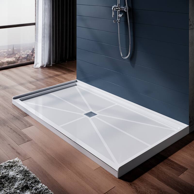 Elegant Rectangular SMC Shower Base Center Drain Single Threshold Anti-slip Shower Pan 60" L x 32" W x 4" H - 60" x 32" x 4" - 60" x 32" x 4" - White