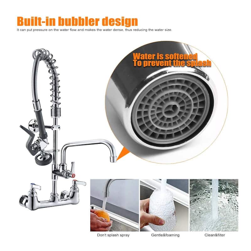 Commercial Wall Mount Kitchen Faucets Pre-Rinse Sprayer, 12 In Swivel Spout