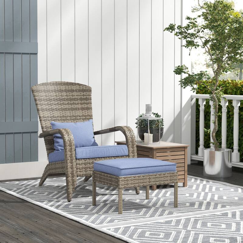 Patio Wicker Adirondack Chair Set with Ottoman, Outdoor Fire Pit Chair with Cushions, High-Back, Large Seat and Armrests