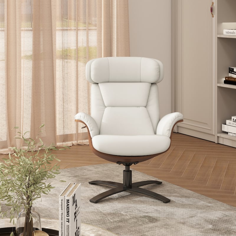 Jovan 31.5" Curved Wood Genuine Leather Recliner Lounge Chair - Porcelain White Leather