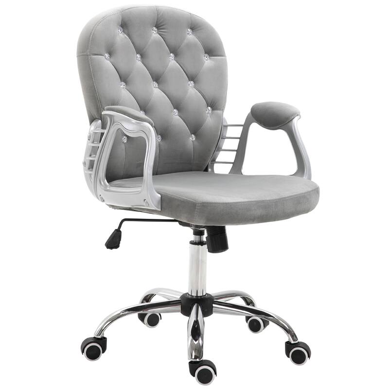 Modern Velvet Office Chair Button Tufted Desk Chair with Curved Backrest, 360° Swivel Seat and Wheels, for Home Office - Grey
